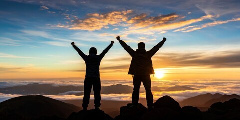 Fototapeta premium Sunset celebration on a mountain peak with two hikers enjoying the view after a challenging trek