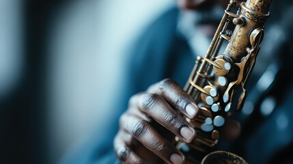 An intimate close-up of a musician's hands skillfully playing a saxophone, capturing the passion and dedication that brings the brass instrument to life in a powerful moment.