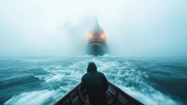 A lone boater faces a fearsome mythical creature emerging from the foggy sea, evoking a sense of adventure, mystery, and awe in a visually stunning, atmospheric scene.