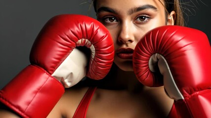 Fighter's Focus: An intense portrait of a female boxer, poised and ready, her determined gaze framed by vibrant red gloves, embodying strength and dedication. - Powered by Adobe