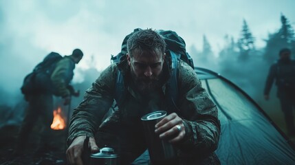 A rugged survivalist brews a warm drink in a misty wilderness setting, capturing the essence of adventure, resilience, and the bond between humans and nature.