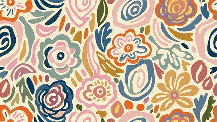 Colorful floral pattern featuring stylized flowers leaves and abstract shapes in a seamless repeat design © CREATIVE CRUSADER