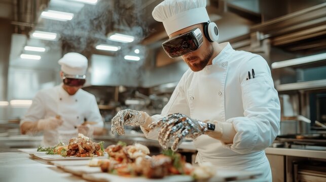 A chef skillfully prepares dishes in a high-tech kitchen, showcasing a blend of culinary art and advanced virtual reality technology enhancing the cooking experience. - Powered by Adobe