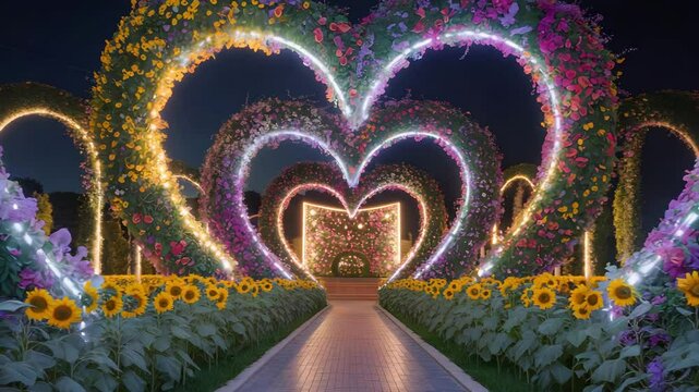 Romantic Glowing Heart Shaped Floral Tunnel With Colorful Flowers And Lights In Night Garden Path Surrounded By Sunflowers