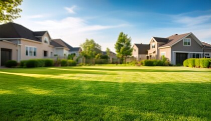 Obraz premium mown lawn in quiet residential area home exteriors in blurred background