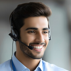 Customer service representative assisting clients with a friendly smile