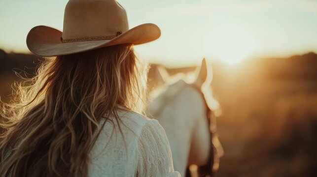 A woman wearing a cowboy hat gazes towards a setting sun, accompanied by her horse, embodying freedom and connection with nature in a breathtaking, serene outdoor landscape.