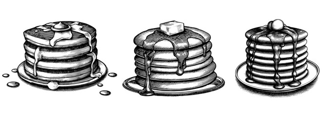 Stacks of pancakes with toppings engraved style illustration black and white for breakfast food