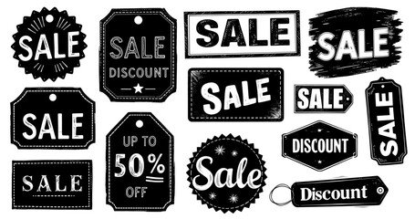 Obraz premium Hand-drawn sale tags in a rustic black and white style for retail discounts