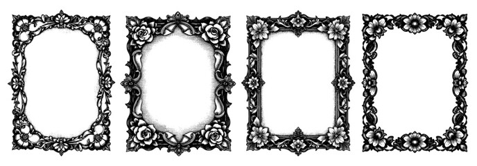 Ornate floral frames in a black and white woodcut style