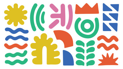 Colorful abstract shapes composition featuring sun waves crown and plant like elements on a white background