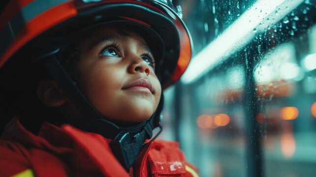 A young child, fully equipped in firefighter gear, gazes thoughtfully out of a rainy window, evoking a sense of admiration, dreams, and future aspirations of bravery.