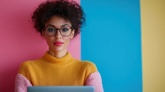 A fashionable woman with curly hair wearing stylish glasses gazes thoughtfully while working on her laptop in a vibrant, colorful space, reflecting creativity and modern lifestyle.