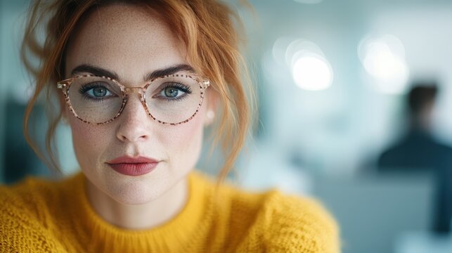 A close-up portrait of a young woman with striking red hair and fashionable glasses, exuding confidence and determination in a modern and stylish indoor setting.