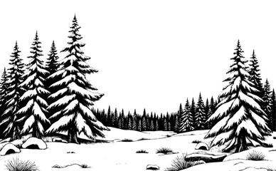 Snowy evergreen forest in woodcut style, in black and white