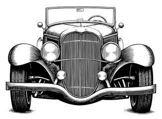 Vintage hot rod front end in a woodblock illustration style in black and white