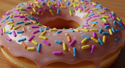 Closeup of a donut with pink icing and sprinkles