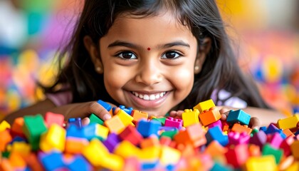 Happy girl playing with colorful blocks.