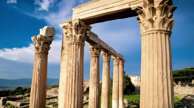 Ancient temple ruins with Ionic columns stand on a green lawn against a blue sky with wispy clouds, showcasing classical architecture.