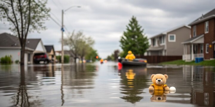 Teddy bear floats in flooded street as responders navigate rescue operations in suburban area