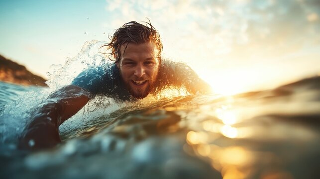 A dynamic image captures a surfer gliding on ocean waves during sunset, showcasing the thrill of surfing and the breathtaking beauty of nature's golden hour.