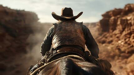 A rugged cowboy rides through a picturesque canyon, embodying the spirit of the Wild West. The dusty terrain and imposing rock formations create a vivid, adventurous scene.