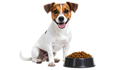 Happy Jack Russell with food bowl.