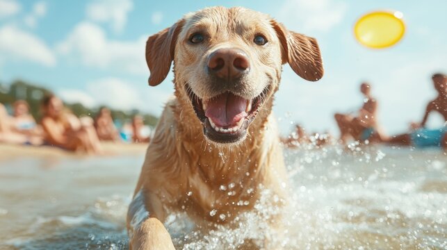 A joyful Labrador retriever splashes in the water, capturing a frisbee mid-air. The playful spirit of summer days and the bond between pets and their owners shine through.