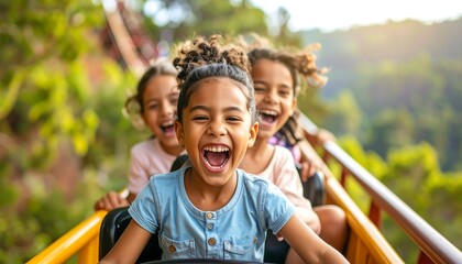 Happy kids on rollercoaster ride.