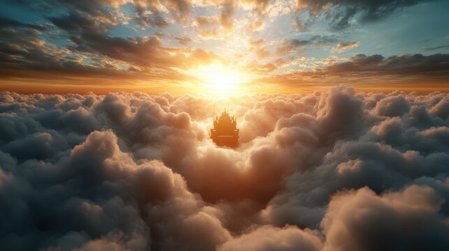 A stunning castle suspended among the clouds at sunrise creates a dreamlike scene, embodying fantasy and wonder in a breathtaking landscape.