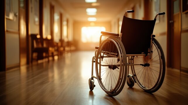 A solitary wheelchair sits in a sunlit hospital corridor, symbolizing both the journey of patients and the emotional weight of vulnerability in medical settings.