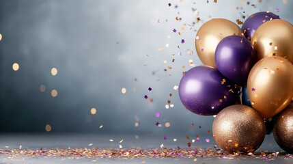 A vibrant bunch of balloons in purple, gold, and brown hues, surrounded by colorful confetti, perfectly capturing the spirit of joy and celebration for any festive occasion.