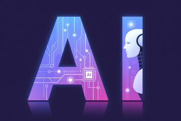 Futuristic AI Letters with Robot Head and Circuit Design in Gradient Colors