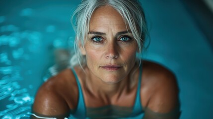 A serene middle-aged woman with gray hair floats in tranquil blue water, embodying peace and relaxation while showcasing the beauty of self-care and mindfulness in a calming setting.