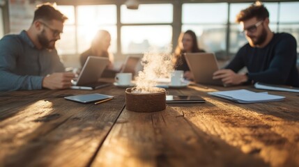 A group of professionals engaging in a collaborative work session around a wooden table, featuring laptops, coffee cups, and an inviting atmosphere of teamwork.