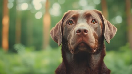 A close-up portrait of a beautiful chocolate Labrador dog with expressive eyes, showcasing its loyalty and gentle nature in a natural green background.