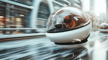 A collection of futuristic hover vehicles rapidly moving through a vibrant urban environment, showcasing advanced technology and dynamic transportation concepts.