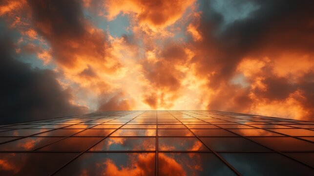 A stunning view looking upwards at a modern glass skyscraper reflecting dramatic clouds at sunset, symbolizing ambition, urban life, and the ever-changing nature of cityscapes.