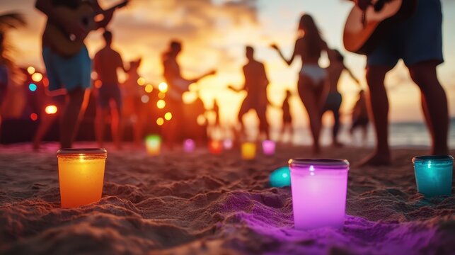 A lively beach scene during sunset filled with people celebrating, illuminated by colorful lanterns, capturing the essence of joy, connection, and summer memories.