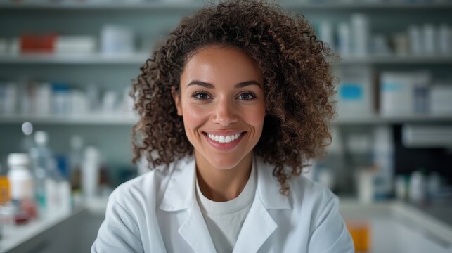 A friendly woman in a lab coat stands in a pharmacy, radiating positivity and professionalism, embodying the essence of care and trust in healthcare services.