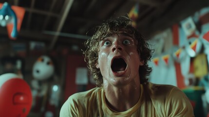 A young man expresses sheer terror in a chaotic environment, capturing a moment of intense fear and vulnerability as he navigates a confusing and overwhelming scene.