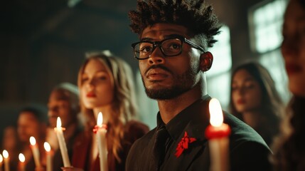 A solemn gathering of individuals holding candles, representing unity and remembrance, amidst a dark setting that conveys deep emotion and a collective sense of support and reflection.
