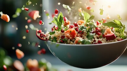 An artistic scene of a vibrant salad bursting with colors and fresh ingredients flying in motion, representing health, vitality, and the joy of cooking and enjoying food.