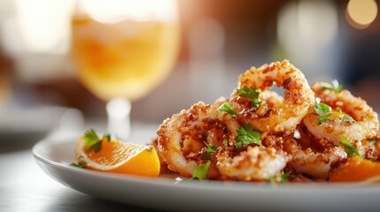 A tantalizing dish of crispy fried calamari garnished with vibrant orange slices, capturing the essence of culinary delight and gourmet experience in a beautifully styled setting.