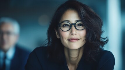 A confident woman gazes directly into the camera, showcasing her keen intellect and professionalism in a modern office environment, exuding sophistication and grace.