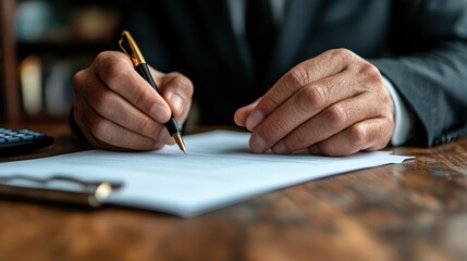 A close-up view of a man's hands poised over a document, elegantly signing with a pen, illustrating focus and determination in a professional setting that conveys seriousness.