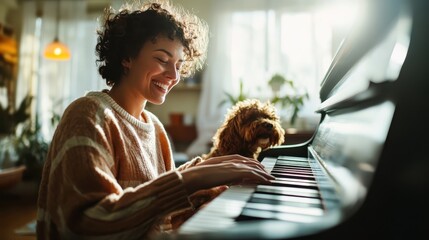 A cheerful woman enjoys playing the piano while her fluffy dog sits beside her, capturing a heartwarming moment of creativity and companionship in a cozy setting.