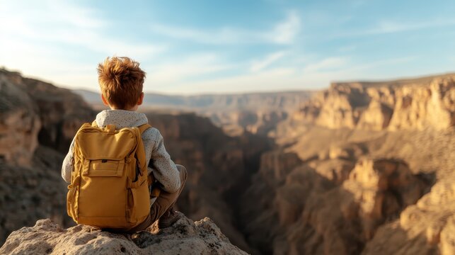 A child with a bright yellow backpack sits on the edge of a rocky cliff, gazing at the vast canyon view, evoking a sense of adventure, exploration, and the beauty of nature.