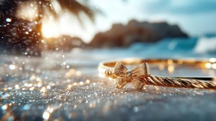 A beautifully crafted golden bracelet rests on sparkling sand, reflecting warm sunlight, symbolizing elegance and luxury in a dreamy beach setting.