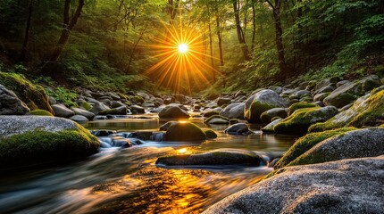 Sunbeams pierce a tranquil forest stream.  Sunlight streams through lush trees onto a rocky riverbed.  Water flows smoothly over stones covered in moss.  Golden light reflects on the water's surface